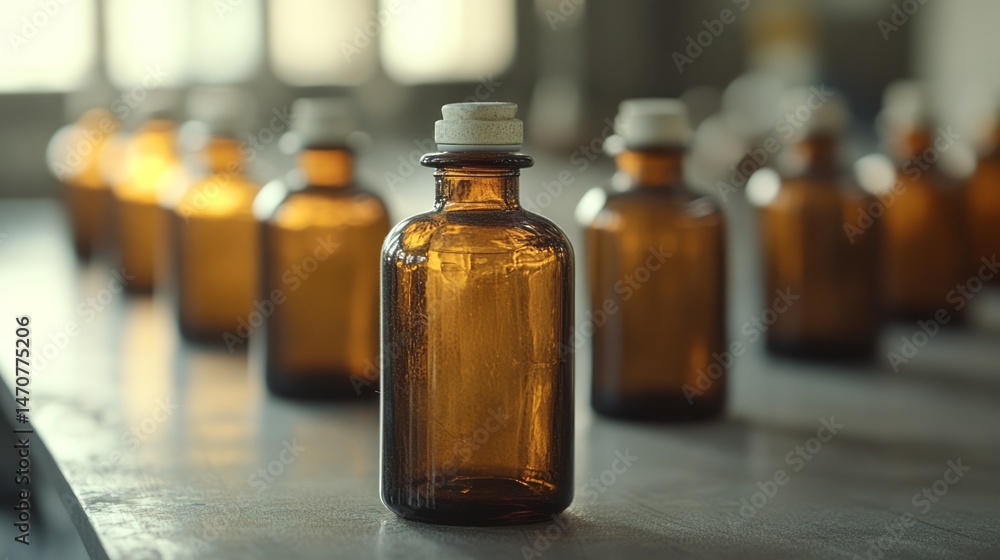 Several amber glass bottles arranged on a light surface. Several amber glass bottles arranged on a light surface.