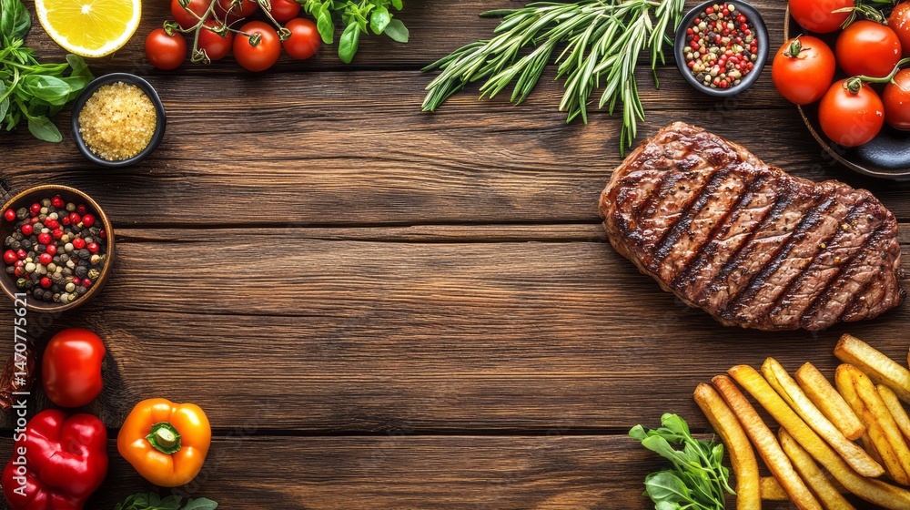 Grilled steak, vegetables, and fries on a rustic wooden surface. Grilled steak, vegetables, and fries on a rustic wooden surface.