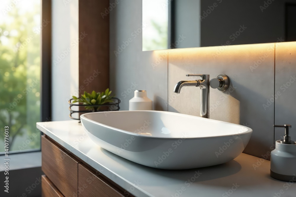 Fototapeta premium Modern bathroom sink with sleek faucet and clean lines Perfect for interior design websites and blogs , fixture, glossy, shiny