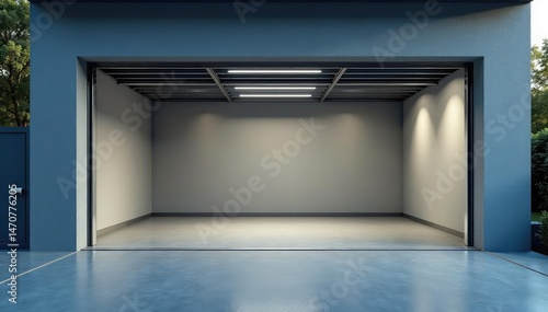 Modern, double car garage door open, revealing a clean, empty interior , clean, up and over door