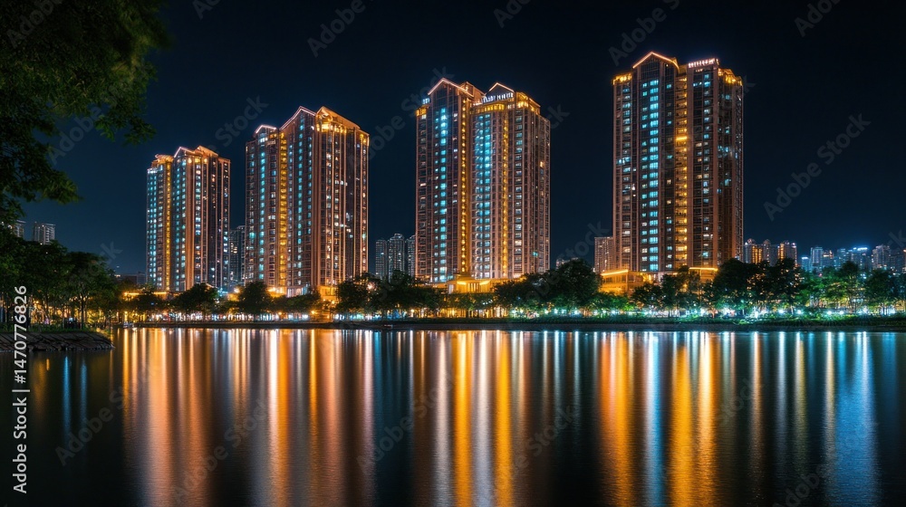 Naklejka premium Illuminated high rise buildings reflecting on a tranquil body of water