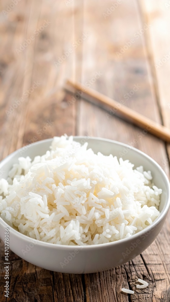 Freshly cooked white rice in bowl on wooden table with chopsticks Freshly cooked white rice in bowl on wooden table with chopsticks