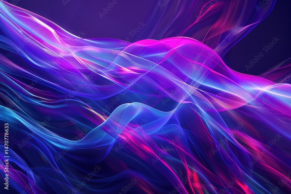 Abstract digital waves flow smoothly with purple, blue, and pink gradients, futuristic lighting effects creating a 3D feel.