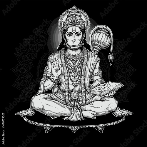 Lord Hanuman seated with a peaceful expression, wearing sacred ornaments and surrounded by an aura of light.