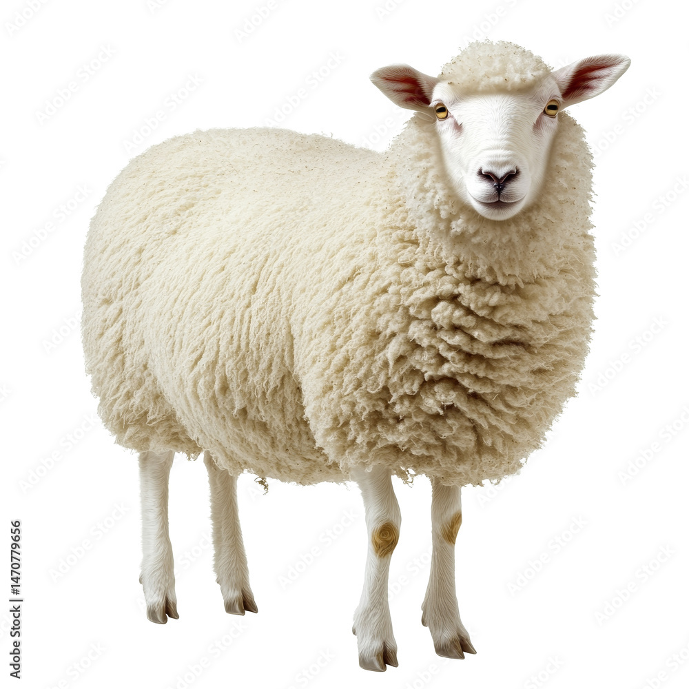 Obraz premium A fluffy transparent sheep stands alone against a stark transparent background, exhibiting its thick wool coat and gentle features, Sheep isolated transparent background