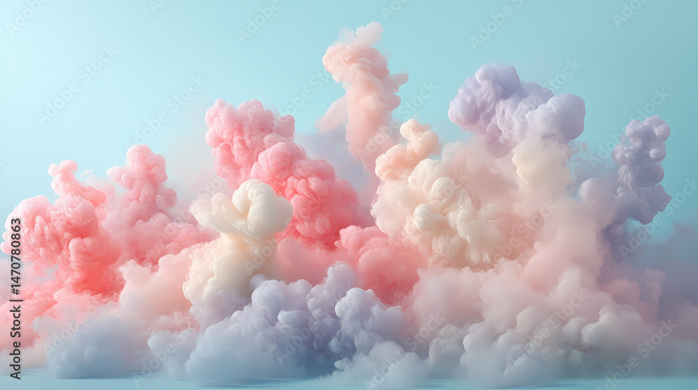 Fototapeta premium Whimsical display of pastel cloud formations varying in color against a soft background ethereal textures create a soot. [Toxic Carnival] | Soot Cotton Candy | charred fluff. Illustration