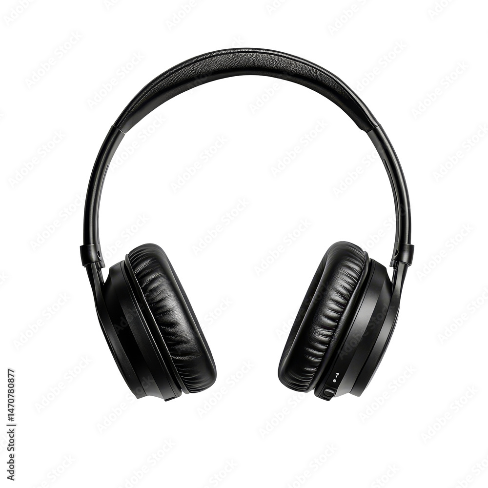 Fototapeta premium Stylish black headphones isolated on a clean transparent background with subtle shadow detail, black headphones, file of isolated object with shadow on transparent background