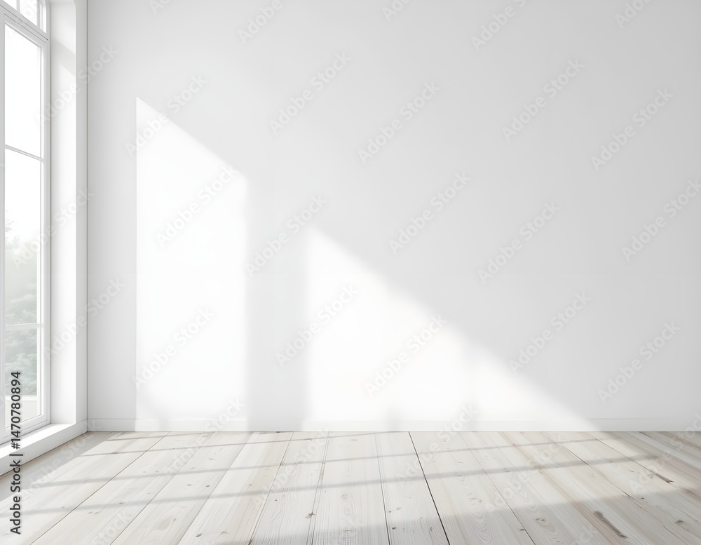 Fototapeta premium A white wall minimalist room for background use. A bright and airy room features clean white walls light wood flooring and a single potted plant creating a peaceful and uncluttered modern aesthetic.