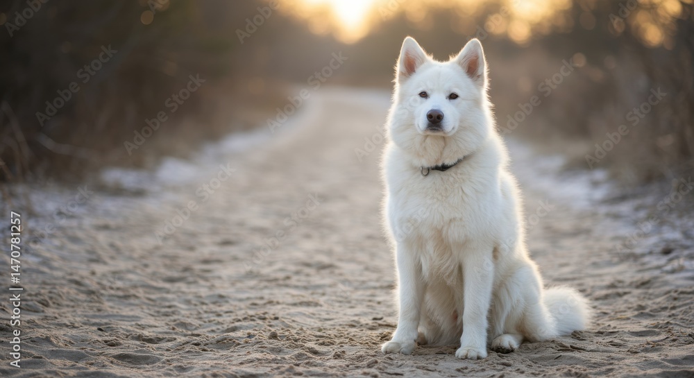 White dog with fluffy coat sitting attentively on sandy path in natural setting White dog with fluffy coat sitting attentively on sandy path in natural setting
