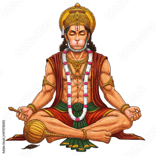 A detailed illustration of Lord Hanuman in a dynamic pose, emphasizing his muscular build and heroic energy.