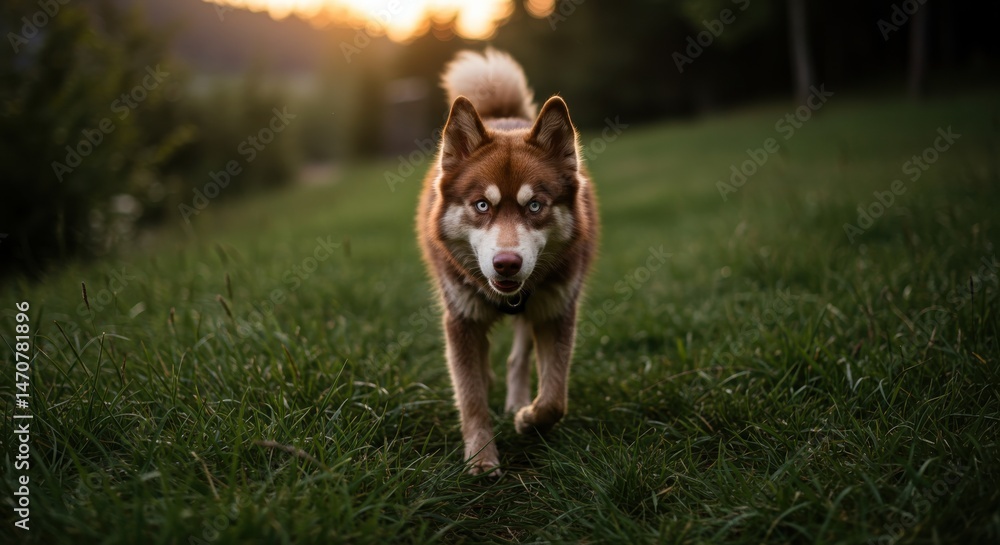 Siberian Husky with brown and white fur and blue eyes running on green lawn Siberian Husky with brown and white fur and blue eyes running on green lawn