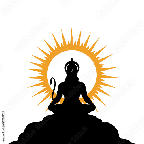 A silhouette of Lord Hanuman in a dynamic pose, with his tail curving around as he holds his weapon.