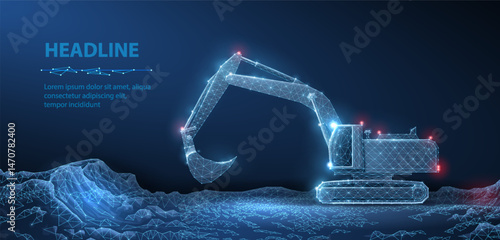 Excavator. Abstract vector 3d excavator isolated on blue background.