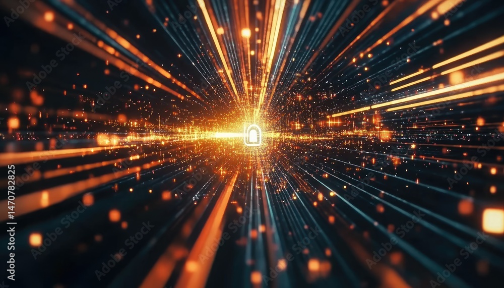 Naklejka premium Abstract digital tunnel with bright orange and blue light streams converging toward a central glowing data symbol. Futuristic data visualization concept with bokeh effects.