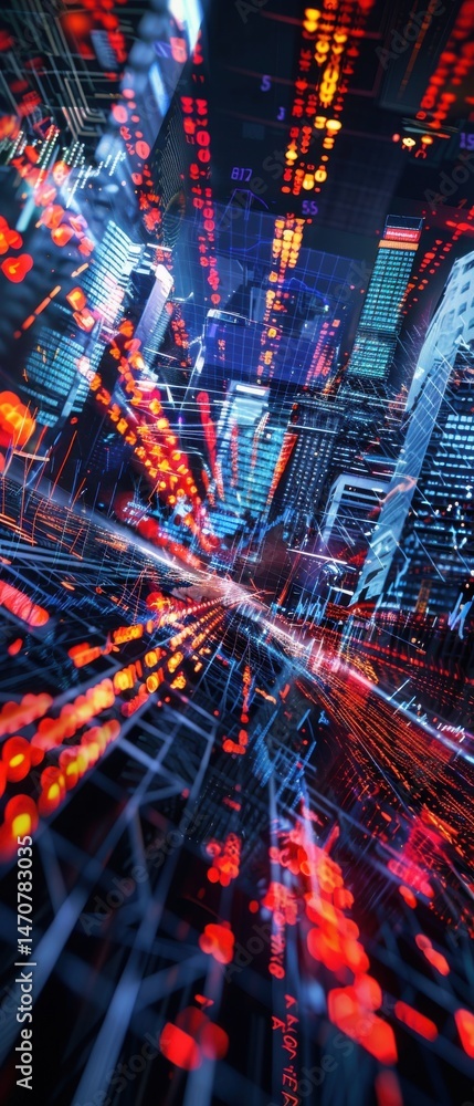 Fototapeta premium Data streams cascade on cityscapes risk detection active warning beacons flash response visible avalanche of negative market indicators.