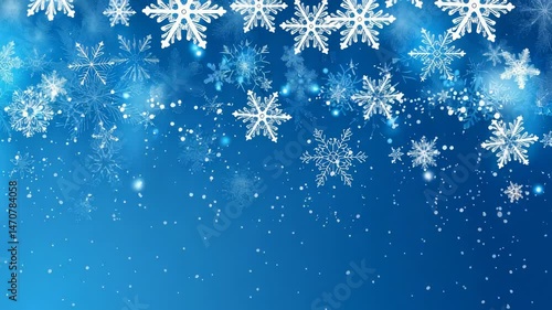 A cool-toned image with snowflakes falling on a blue backdrop evokes a wintery mood. The flakes are rendered with delicate, detailed designs. Great for seasonal decoration, designs, and backgrounds.