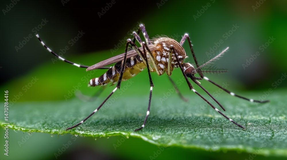 Fototapeta premium Mosquito resting on a green leaf in a macro shot detailed view