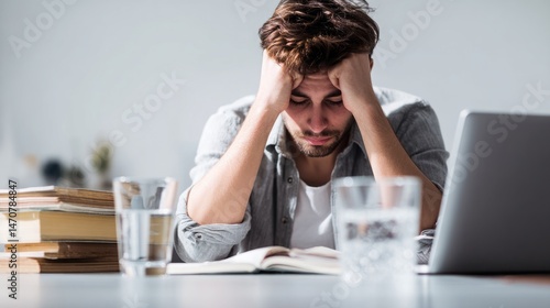 Stressed student overwhelmed by studying with books and laptop at desk