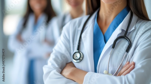 Close-up view of medical professionals with crossed arms.