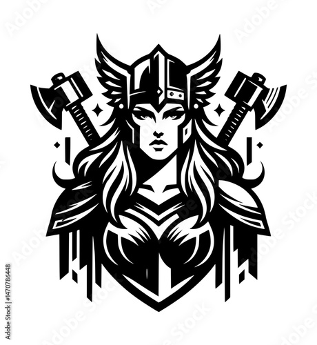 Valkyrie Viking Nordic Woman Knight Axe Warrior Power Logo Sign Graphic Silhouette Shape Clipart Digital Art