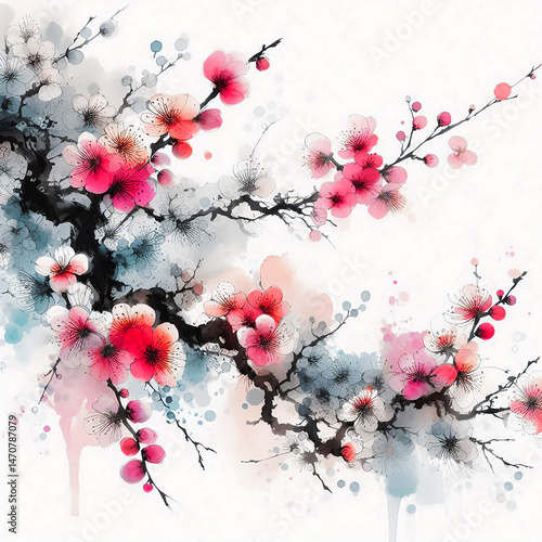 Chinese ink painting cherry blossom in spring