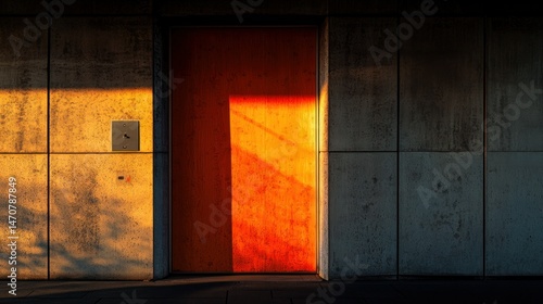 The orange door and wall create a warm atmosphere for the image