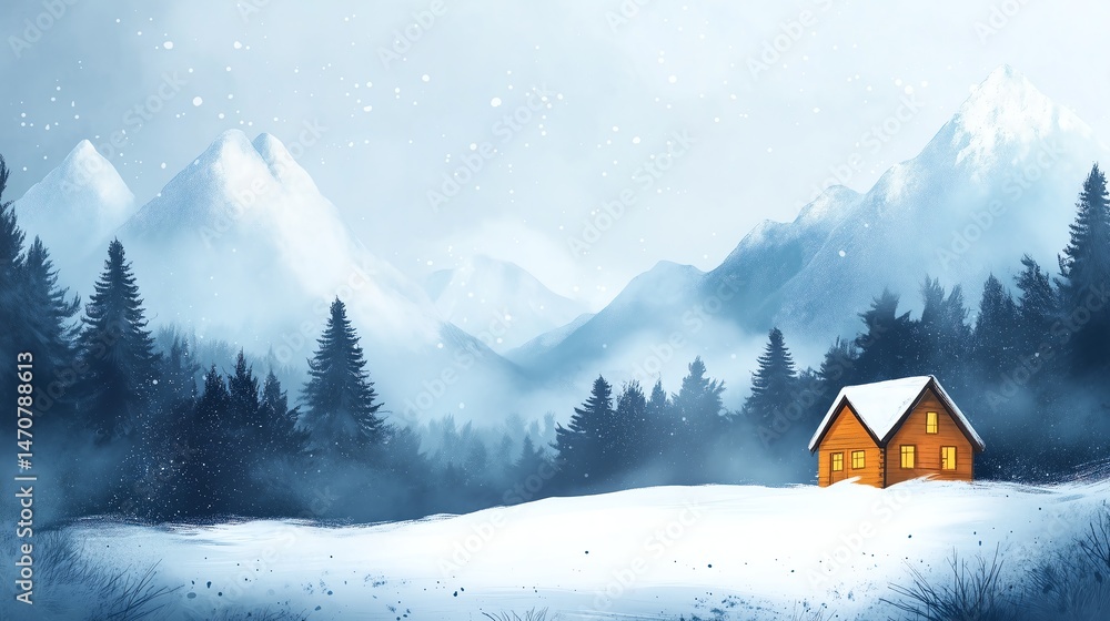 Fototapeta premium Minimalist winter mountain sketch - Cozy holiday hut in serene landscape with clean lines and text space