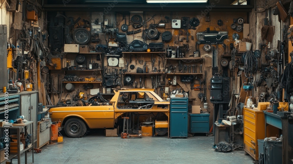 A cluttered workshop containing a partially disassembled yellow car A cluttered workshop containing a partially disassembled yellow car