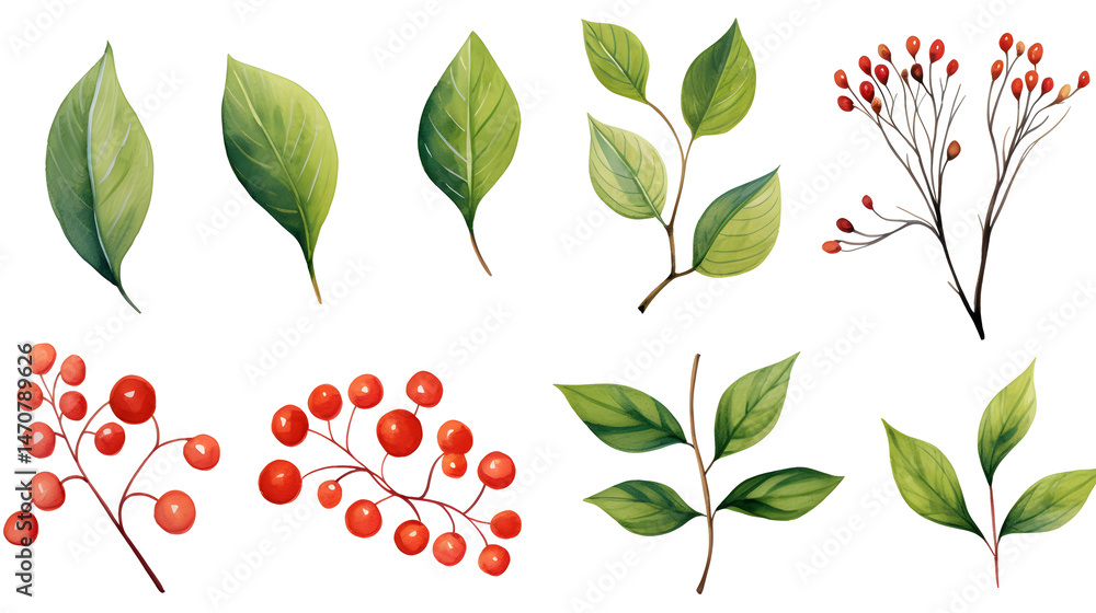 Obraz premium High-Quality Image of Fresh Green Leaves and Dry Branches with Red Berries