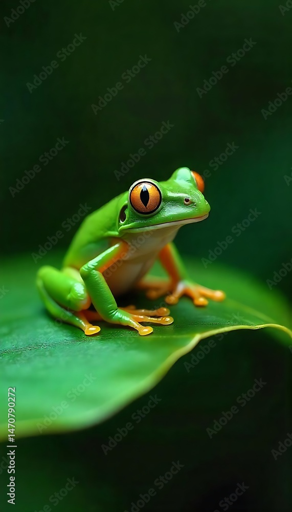 Naklejka premium Generative AI Lime Green Tree Frog Perched on a Lush Leaf Oasis