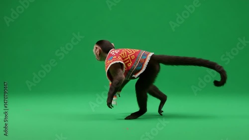 Capuchin monkey strut in colorful costume against green screen backdrop