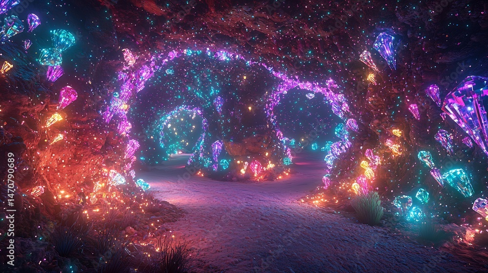 Fototapeta premium Surreal glowing cave luminous crystals embedded in the walls light refracting in every direction cinematic gem filled wonder