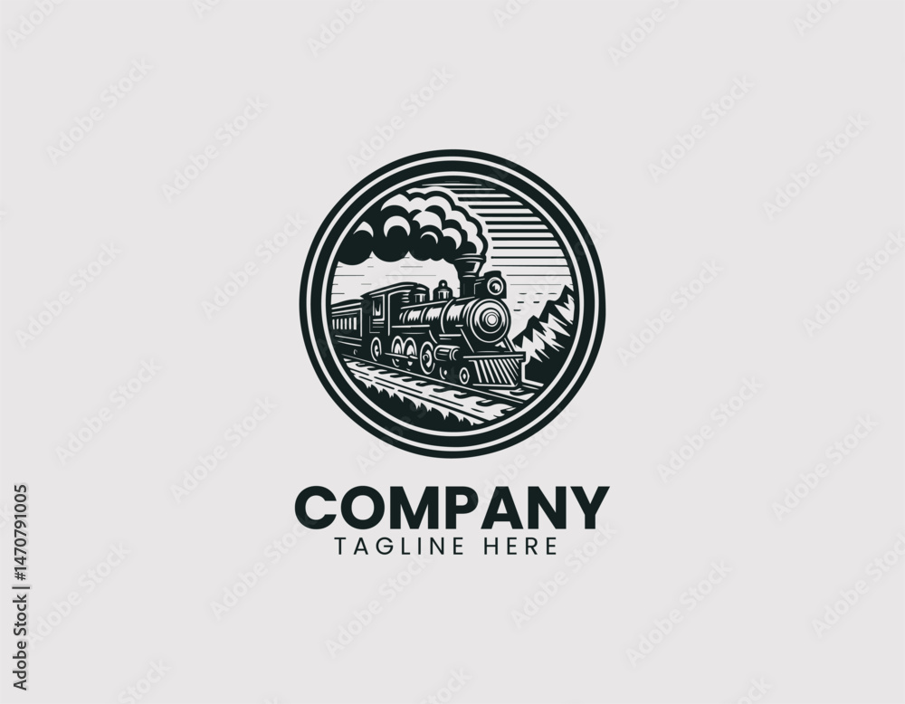 Fototapeta premium Detailed Antique Steam Train Illustration Vector Logo Design, Vintage Steam Locomotive Detailed Design Vector Logo