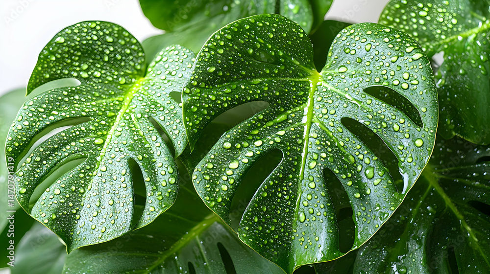 Fototapeta premium Closeup of Lush Green Monstera Leaves with Water Droplets