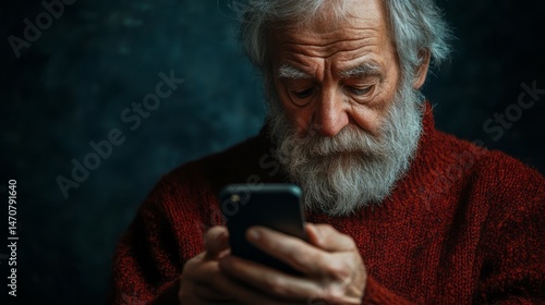 Close-up portrait of a senior man using a mobile phone.