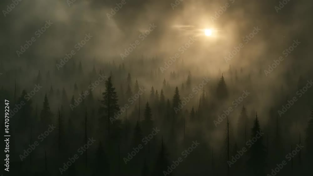 Mysterious Foggy Forest Landscape Under a Glowing Sunlight Mysterious Foggy Forest Landscape Under a Glowing Sunlight