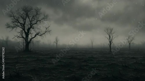 Dark Foggy Landscape with Bare Trees and Rainy Atmosphere