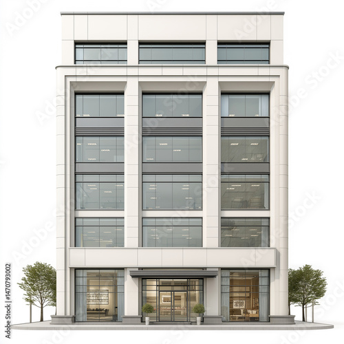 Photorealistic front-facing orthographic view of a 5-storey modern commercial building