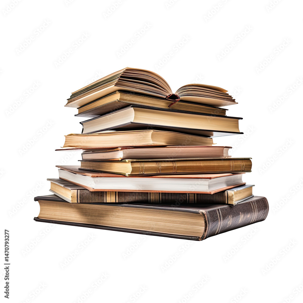 Obraz premium Stack of Books with Open Book and Flipping Pages on Transparent Background