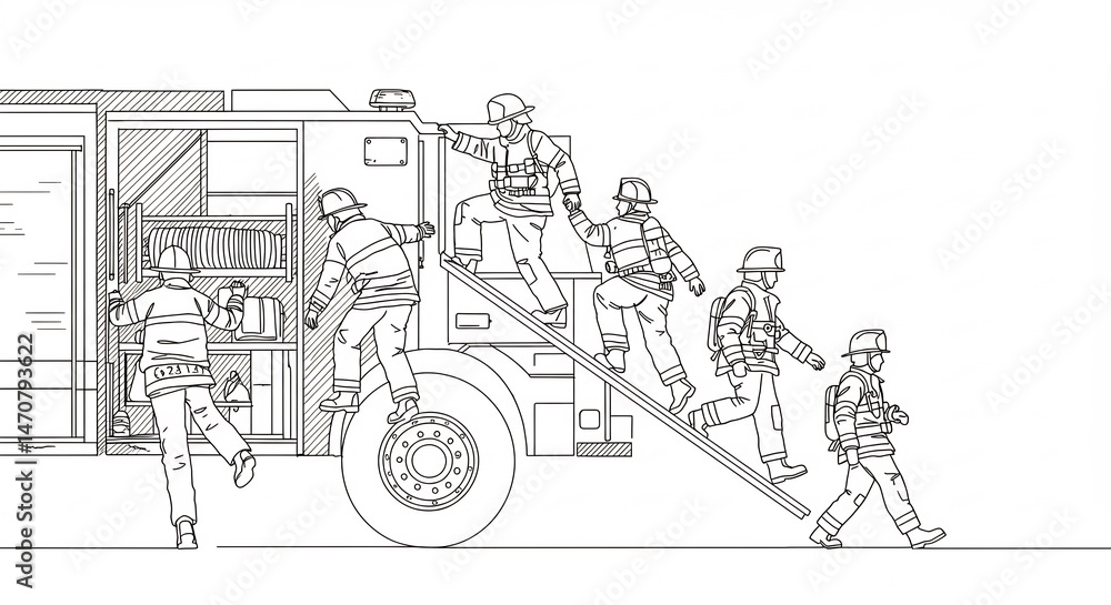 Obraz premium Firefighters Climbing Truck Outline Illustration