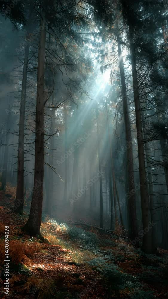 Misty Forest Path Illuminated by Sunbeams Misty Forest Path Illuminated by Sunbeams
