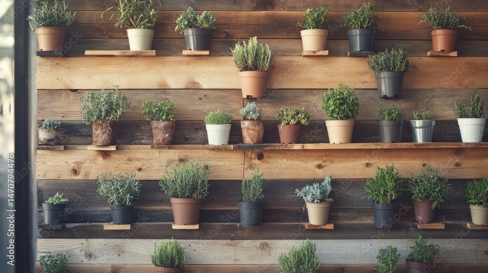 Various potted plants arranged on wooden shelves in a wall Various potted plants arranged on wooden shelves in a wall
