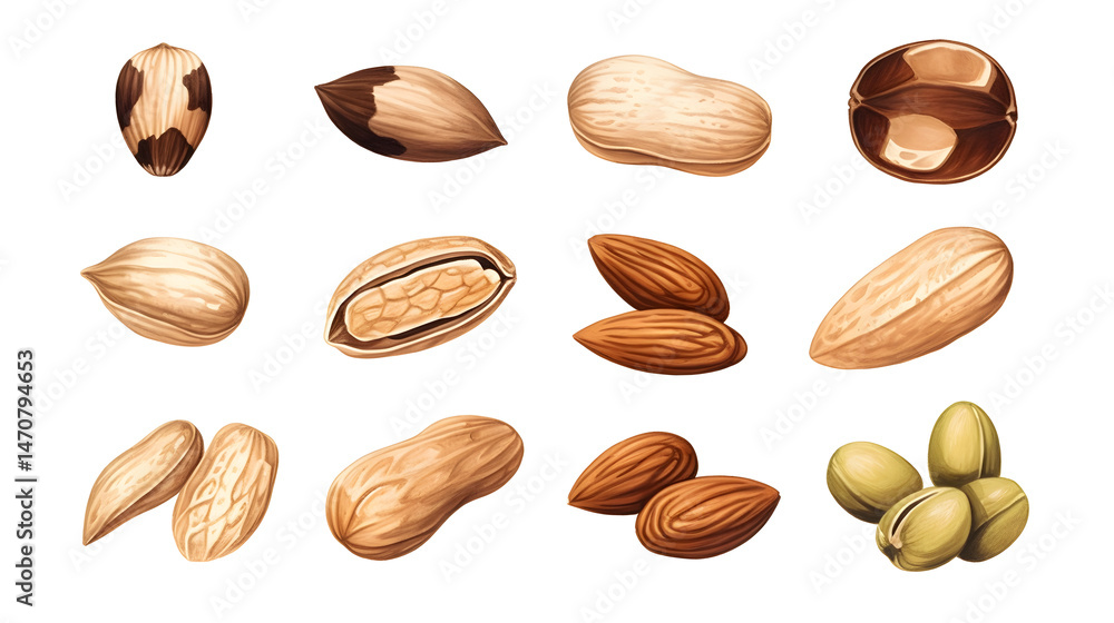 Obraz premium Premium Hand-Painted Watercolor Nuts Set on White Background for Creative Designs