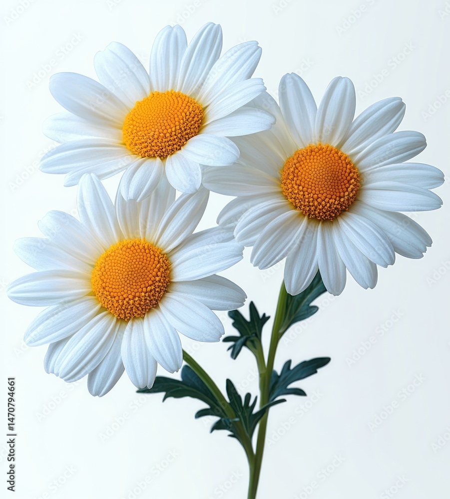 Fototapeta premium Close-up of three white daisies with vibrant yellow centers on green stems against a soft light background evoking freshness and natural beauty