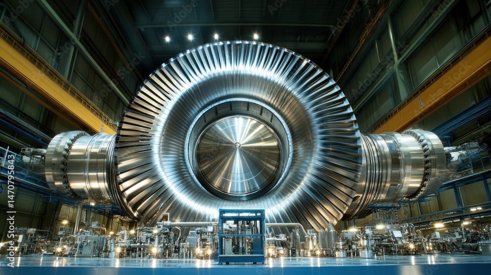 A large industrial turbine engine rotor is displayed indoors A large industrial turbine engine rotor is displayed indoors