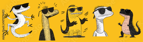 illustration set of cool summer lizards wearing sunglasses