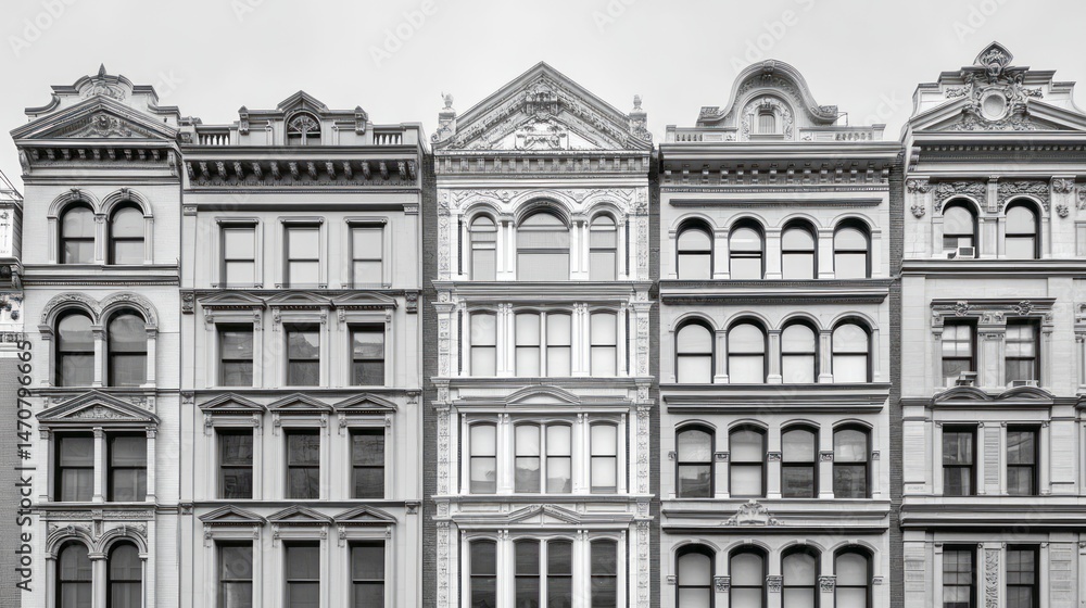 Elegant black and white row of historic city buildings. Elegant black and white row of historic city buildings.