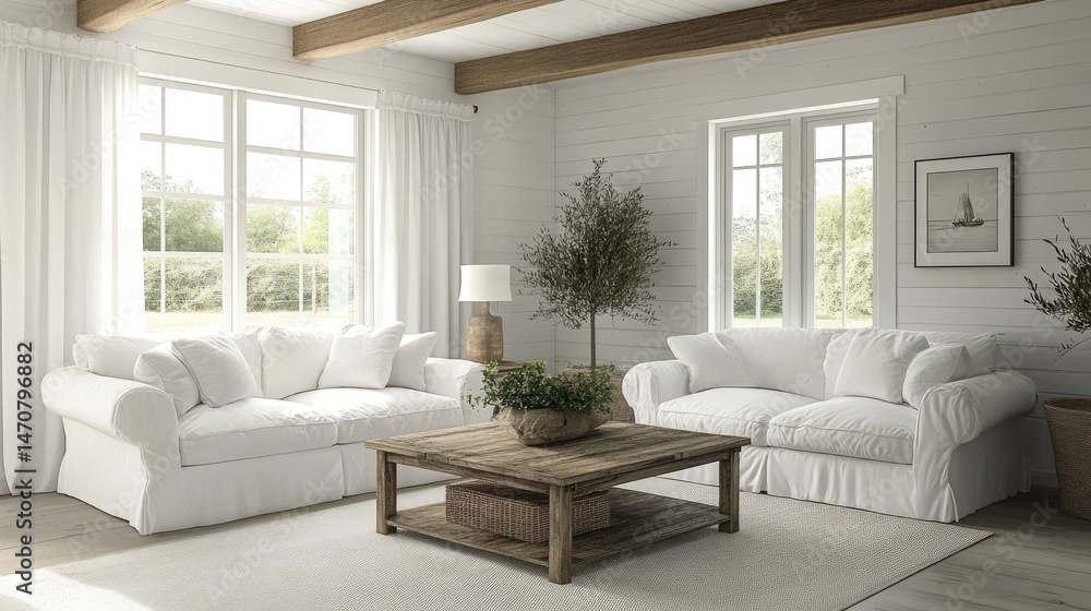 Fototapeta premium Farmhouse style layout with slipcovered sofas, shiplap walls, and rustic coffee table