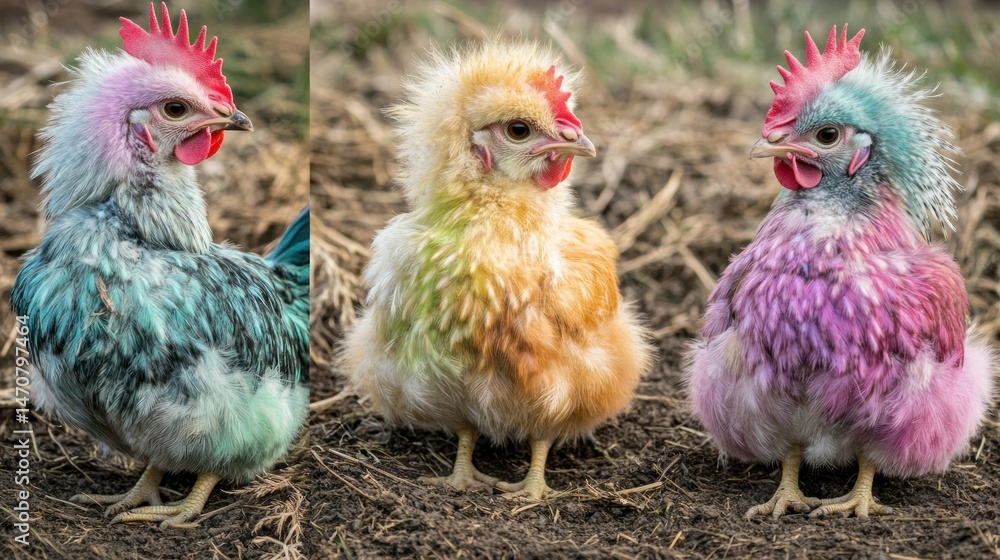 Fototapeta premium Three Colorful Chickens Displaying Various Feather Color Combinations In A Row