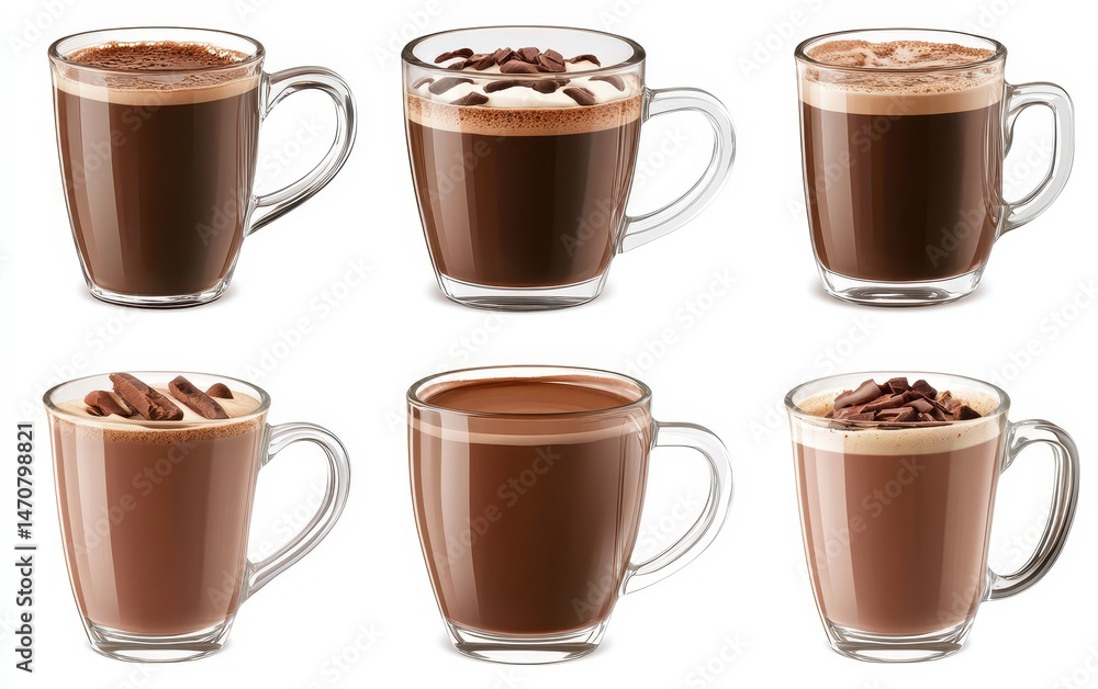 Obraz premium Variety of hot chocolate and coffee drinks in clear glass cups